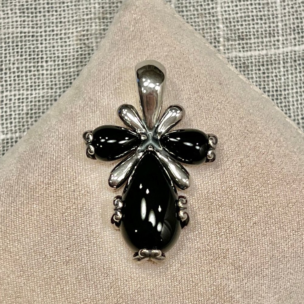 Carolyn Pollack Black Agate 3 Stone Sterling Silver Pendant